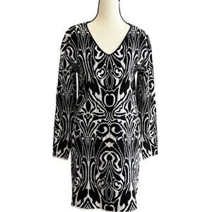 Black White Damask Sweater Dress Soft Goth Baroque Knit V-Neck Long Sleeve Chic